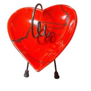 Vintage Atomic Mid Century Modern Red Heart Ashtray Coil Black Tripod Legs